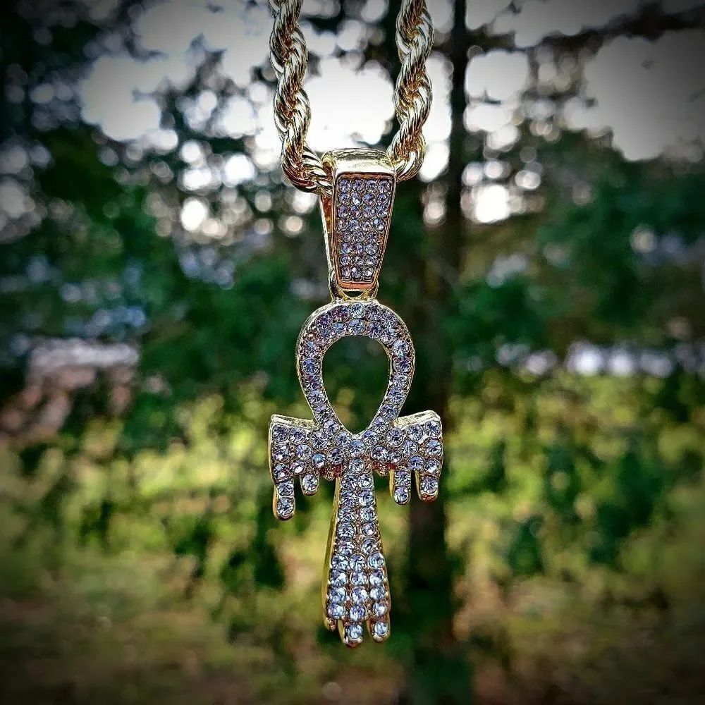 14k GP Iced Out Ankh Drip 24" Necklace